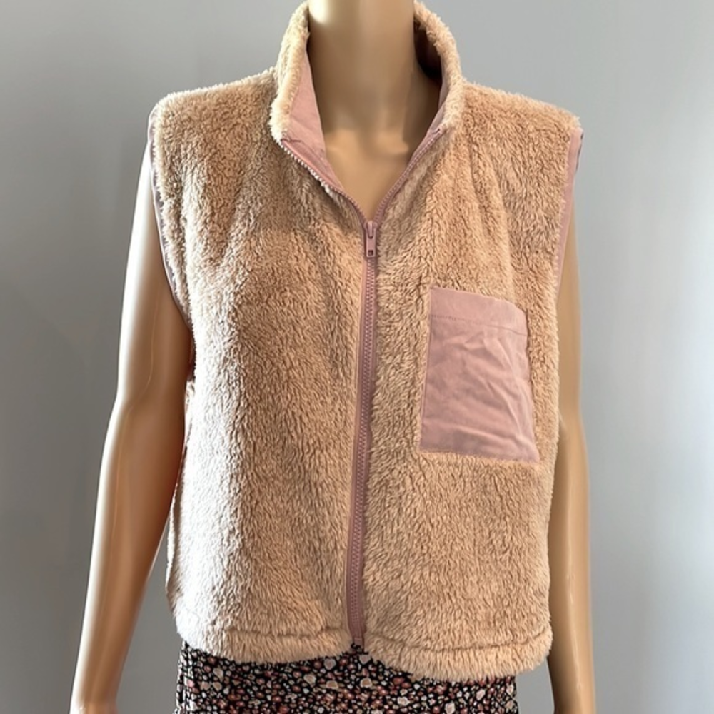 Stitch & Pine Faux‎ Fur Fleece Full Zip Vest Jacket Coat - XL Tan w/Pink Trim